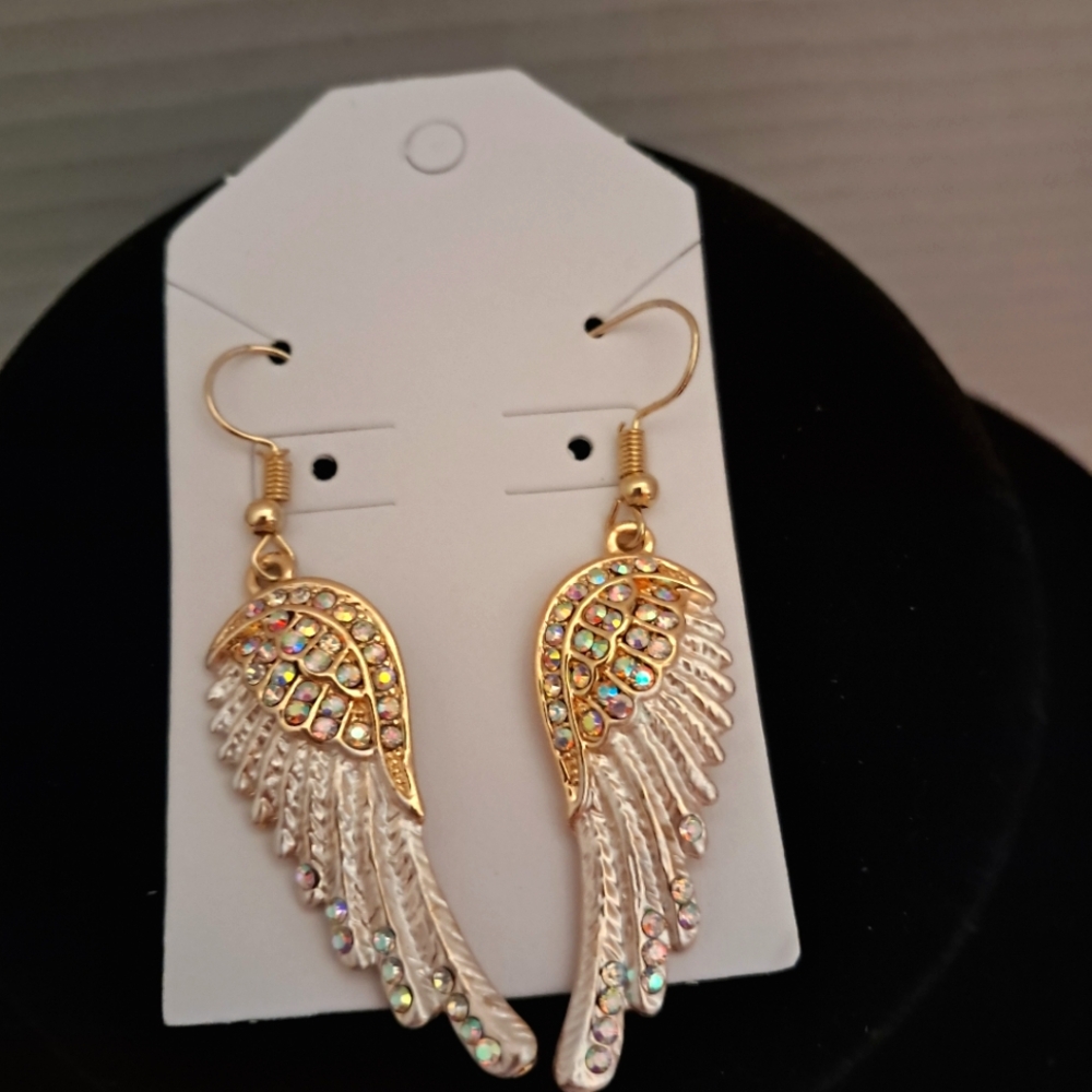 Goldtone Angel Wings with Aurora Borealis Rhinestones Earrings